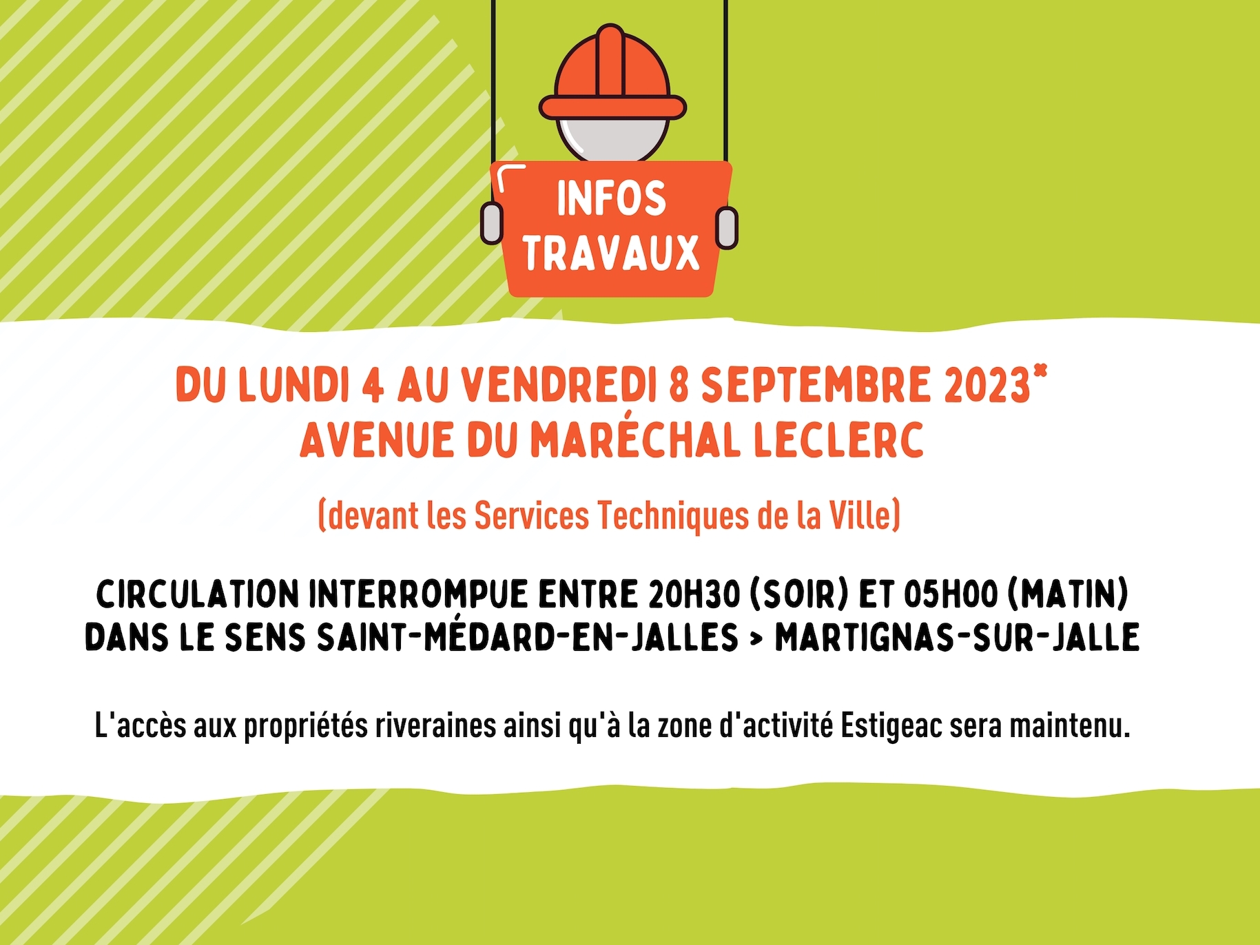 Info travaux avenue du Maréchel Leclerc du 4 au 8 septembre 2023