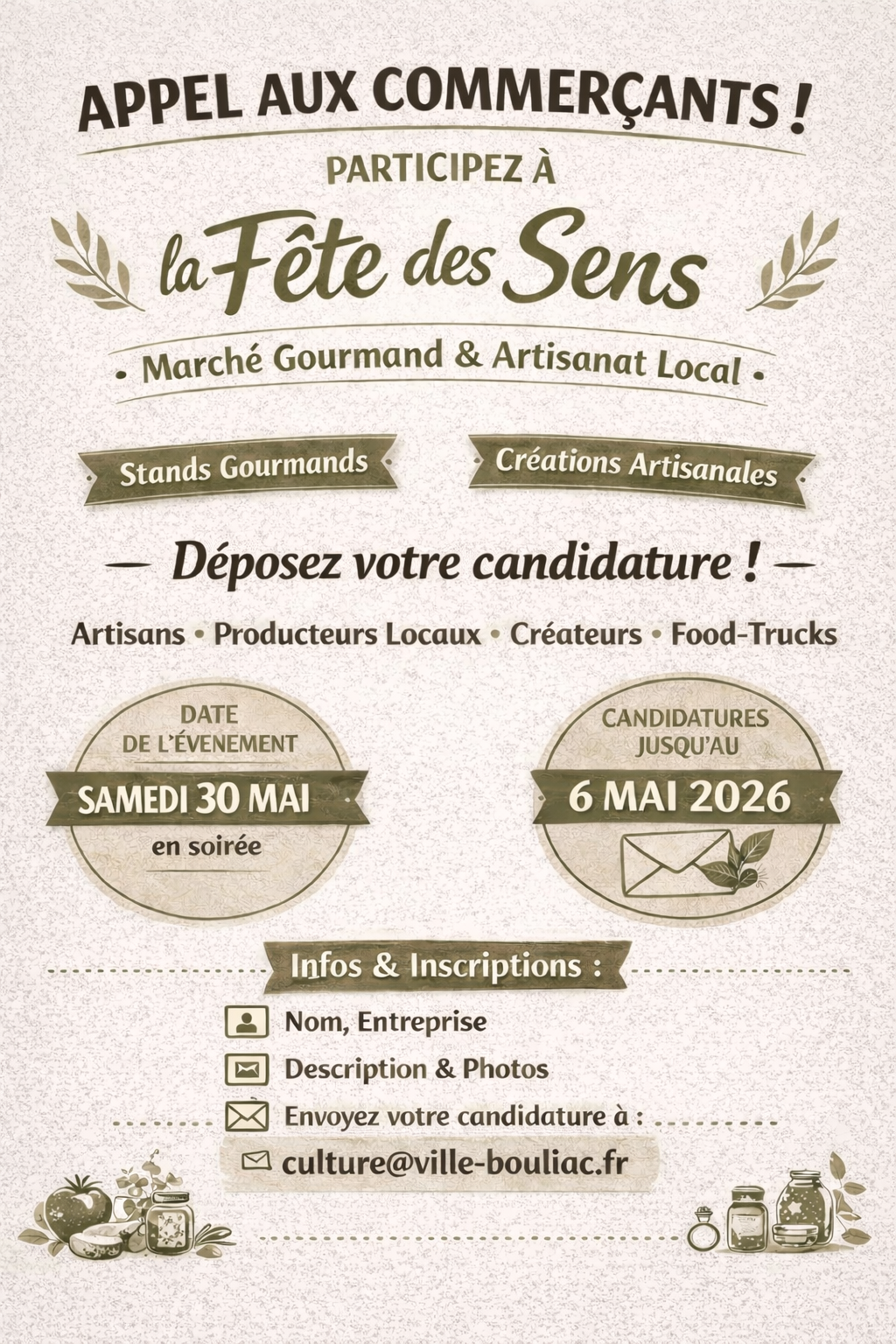 Appel à candidatures marché gourmand et de l'artisanat pour la "Fête des sens"