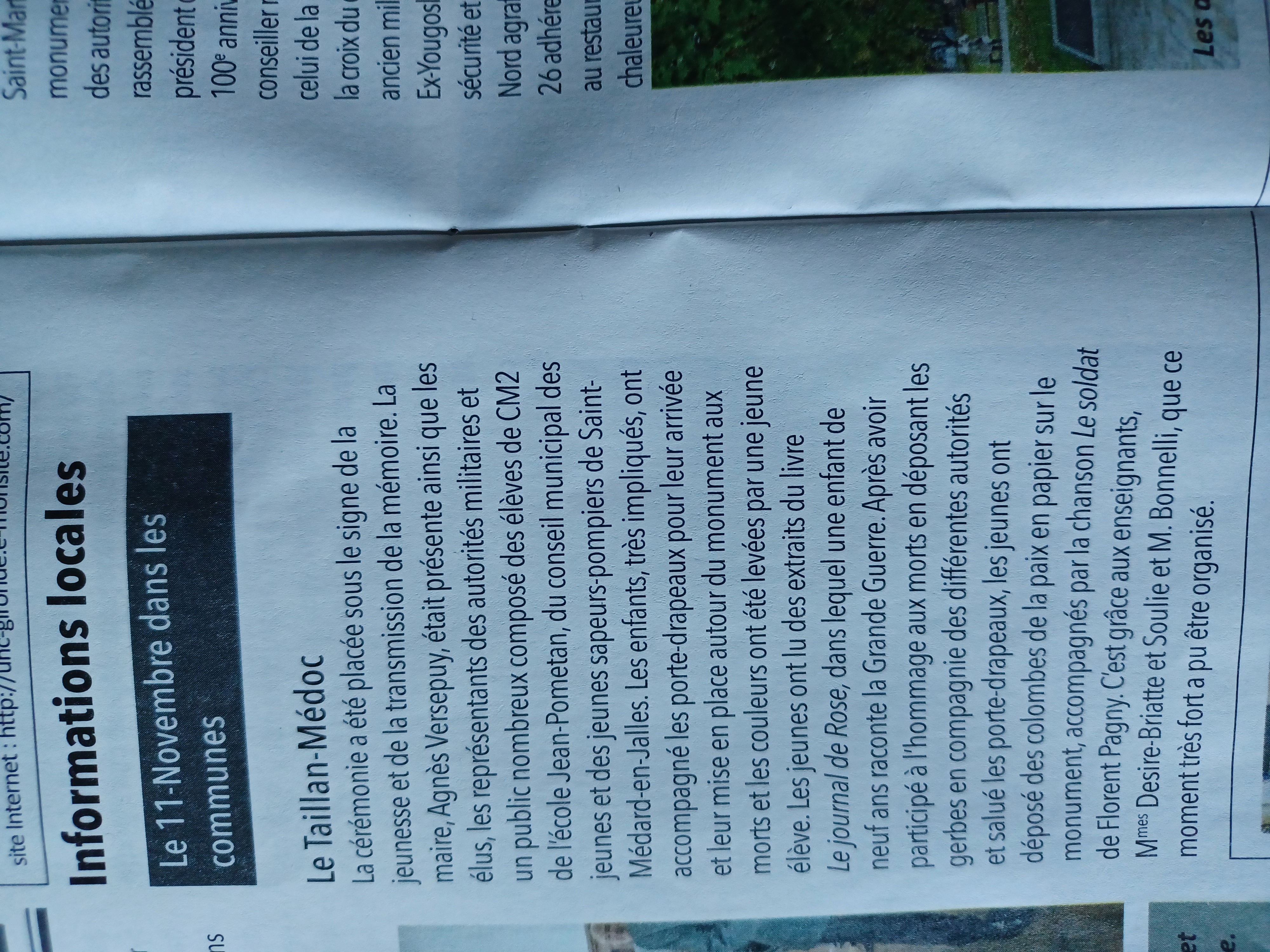 RETOUR SUR LA COMMEMORATION DE L'ARMISTICE DU 11 NOVEMBRE 1918