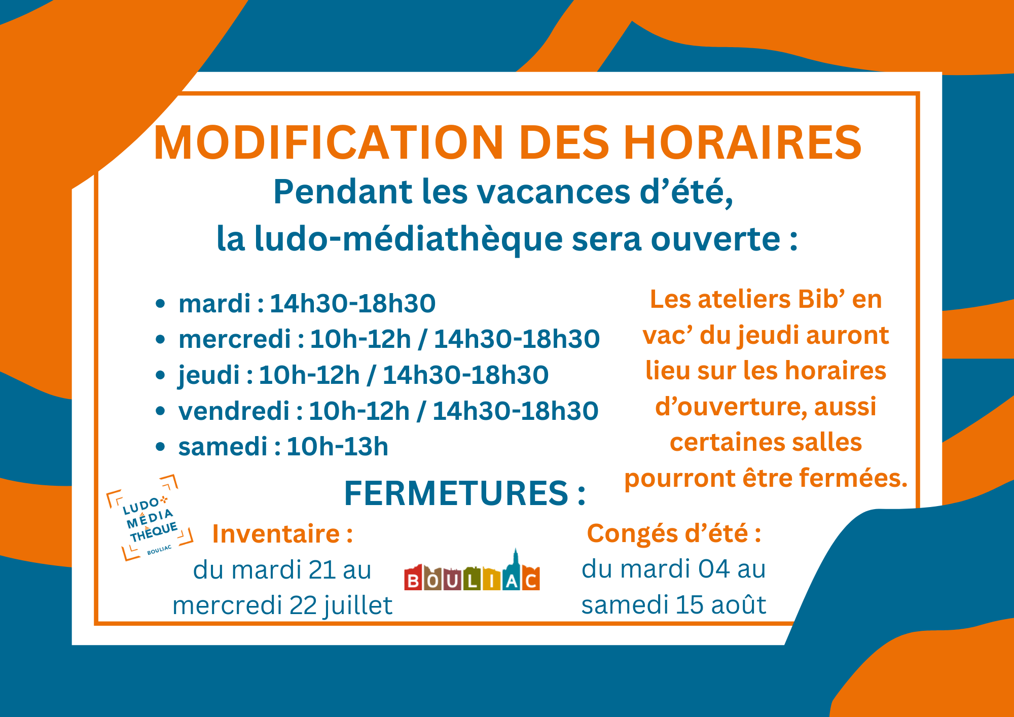 Horaires d'été de la Ludo-Médiathèque de Bouliac