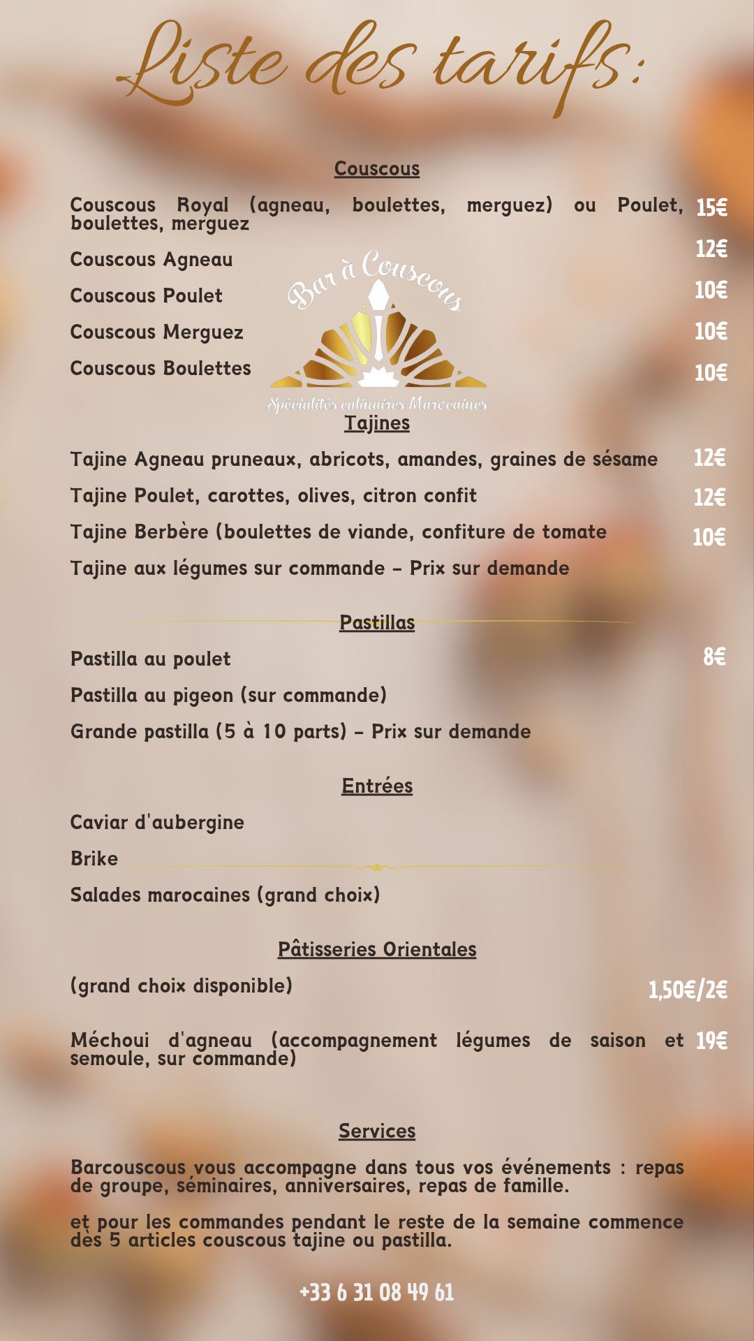 Liste des tarifs de Bar à couscous 