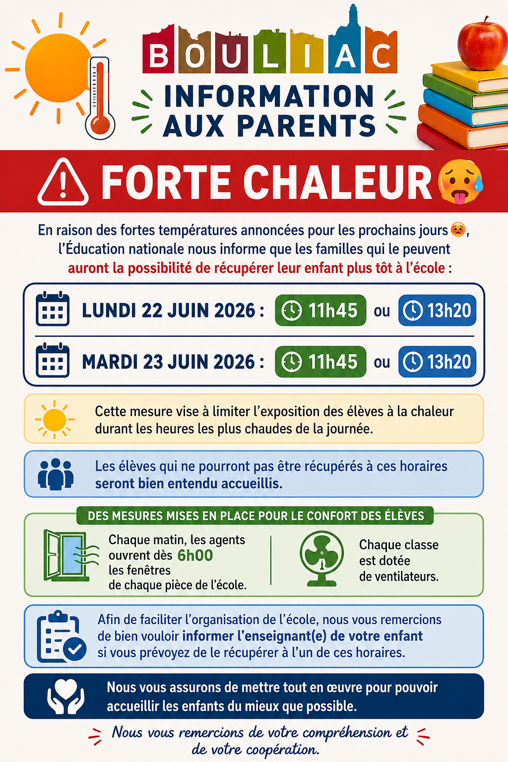 Information parents : Fortes chaleurs - adaptation de l'accueil des élèves
