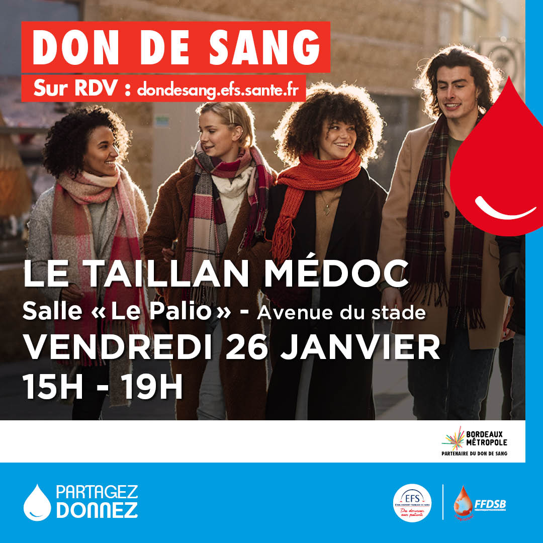Collecte de sang le vendredi 26 janvier 2024 salle Le Palio