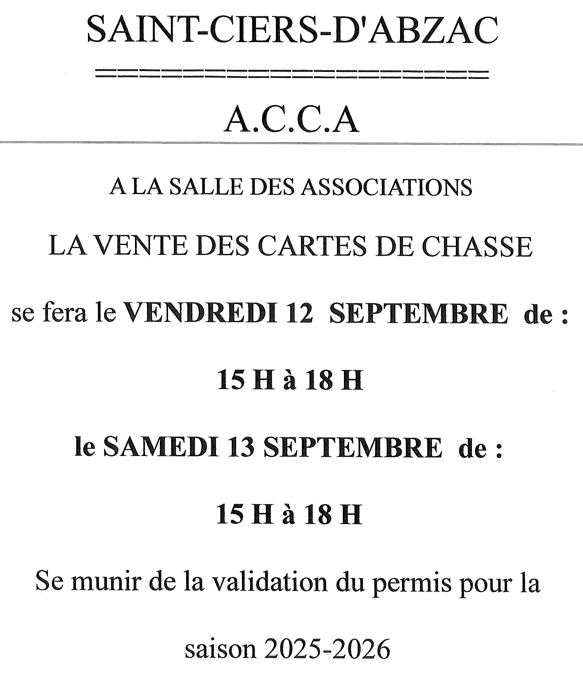 Vente des cartes de chasse 12 et 13 septembre 2025