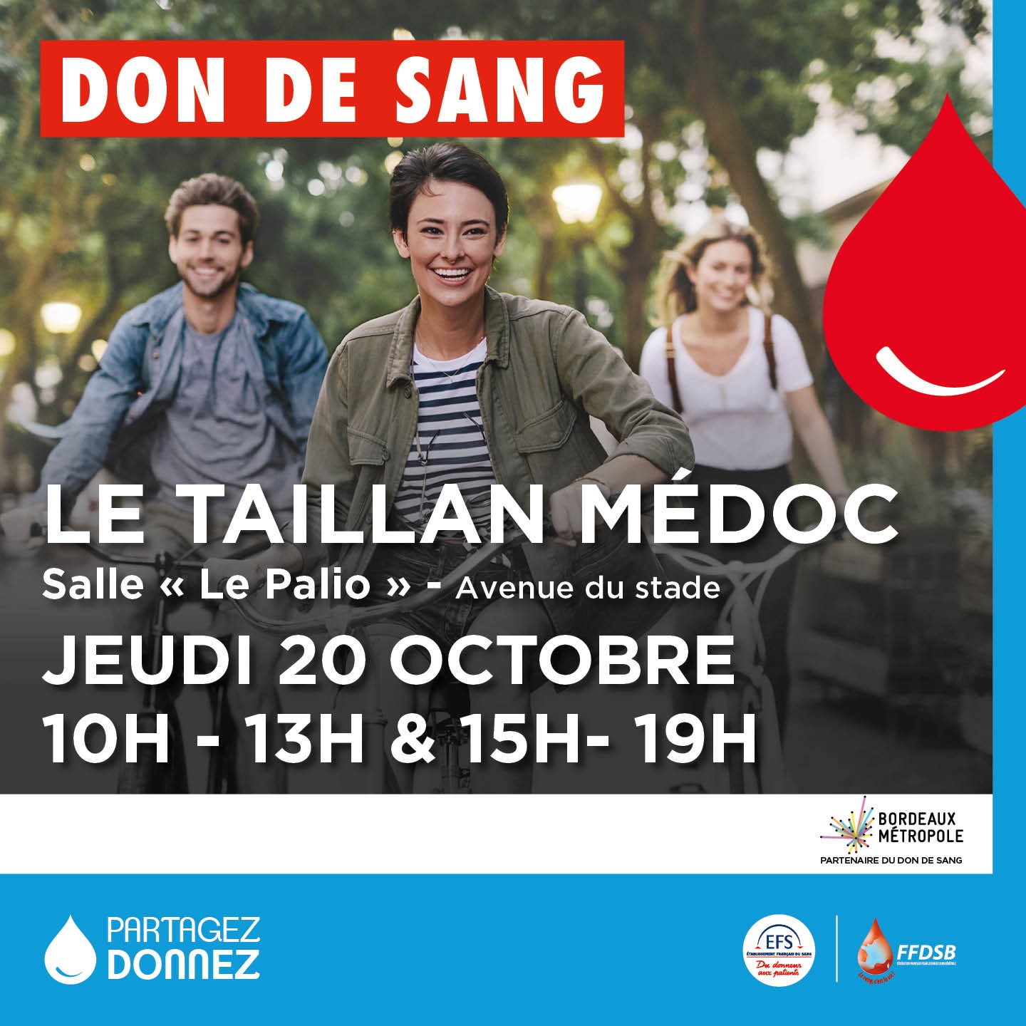 Collecte de sang le jeudi 20 octobre de 10h à 13 h et de 15h à 19h salle LE Palio