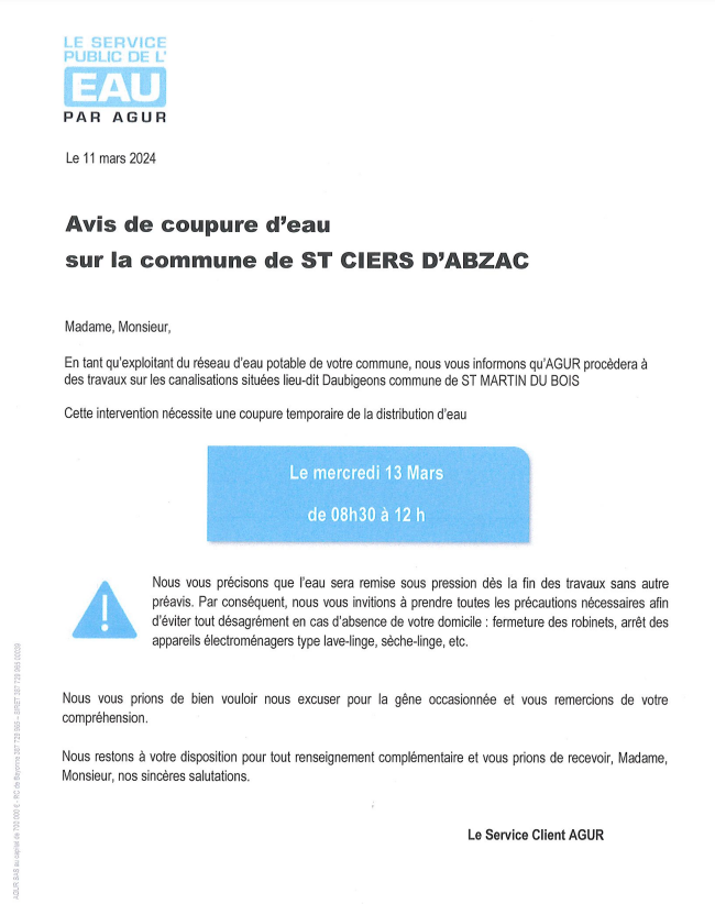 Coupure d'eau sur la commune