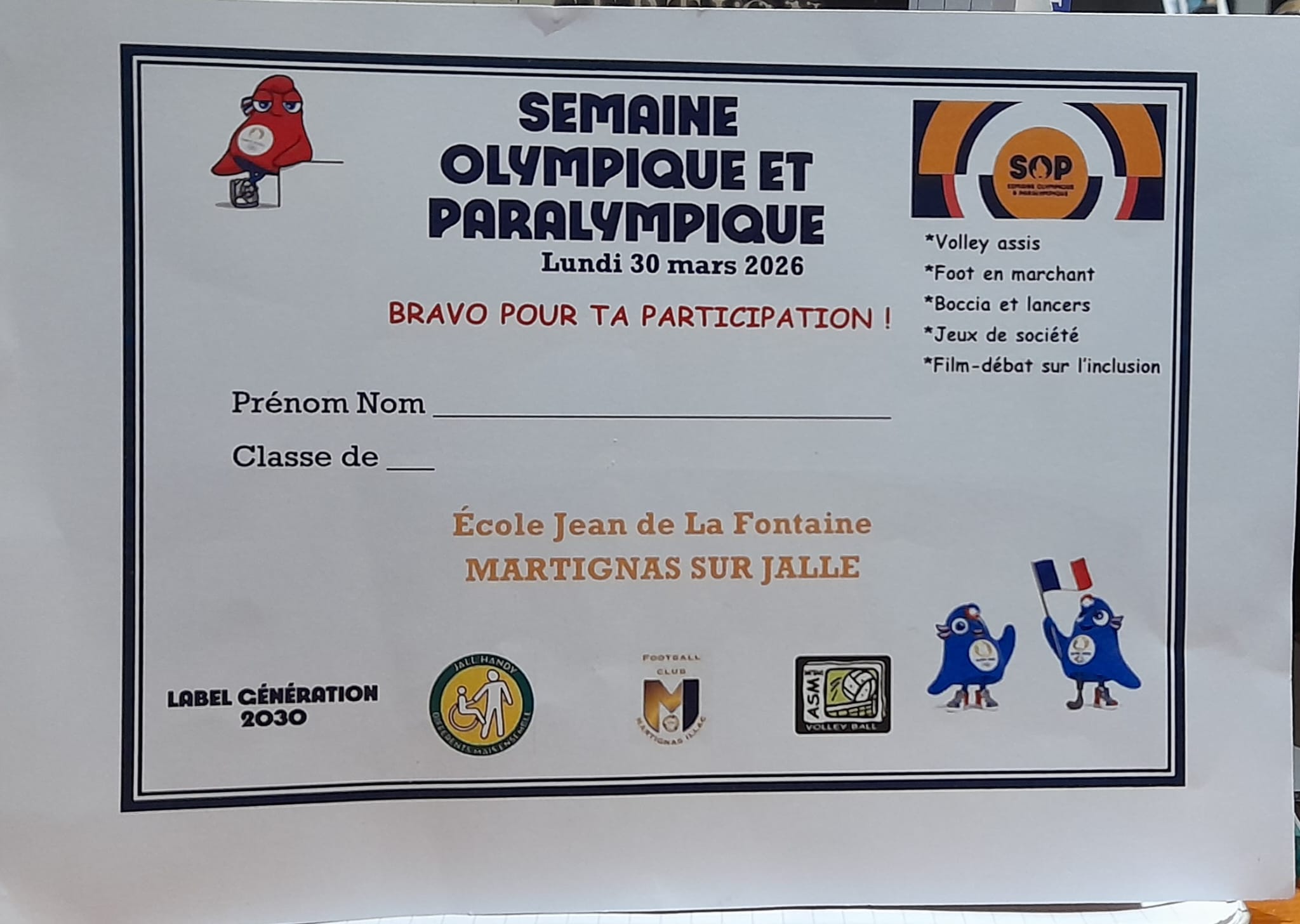 Participation à la semaine olympique et paralympique Ecole jean de la Fontaine