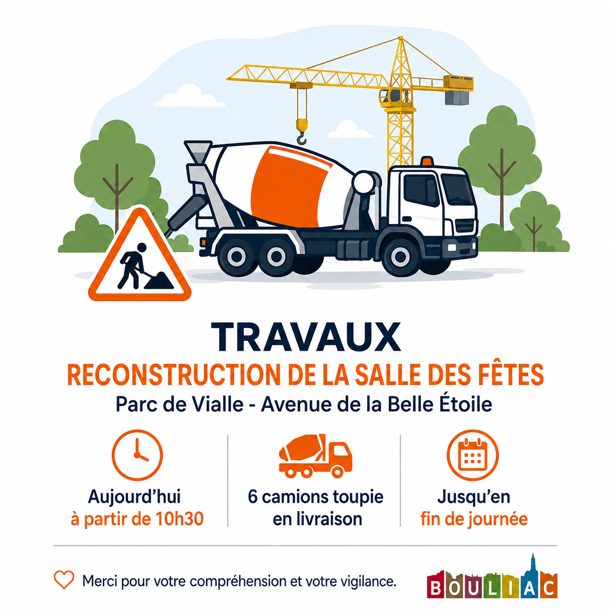 Travaux reconstruction de la salle des fêtes : livraison béton à partir de 10h30