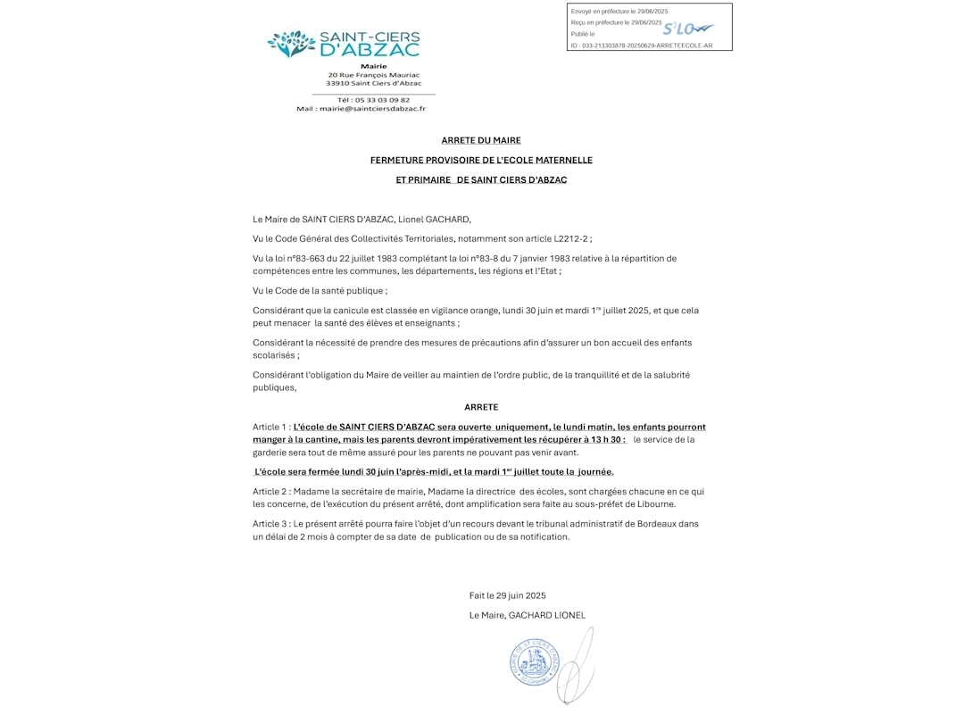 Fermeture provisoire de l'école lundi 30 juin et mardi 1er juillet.