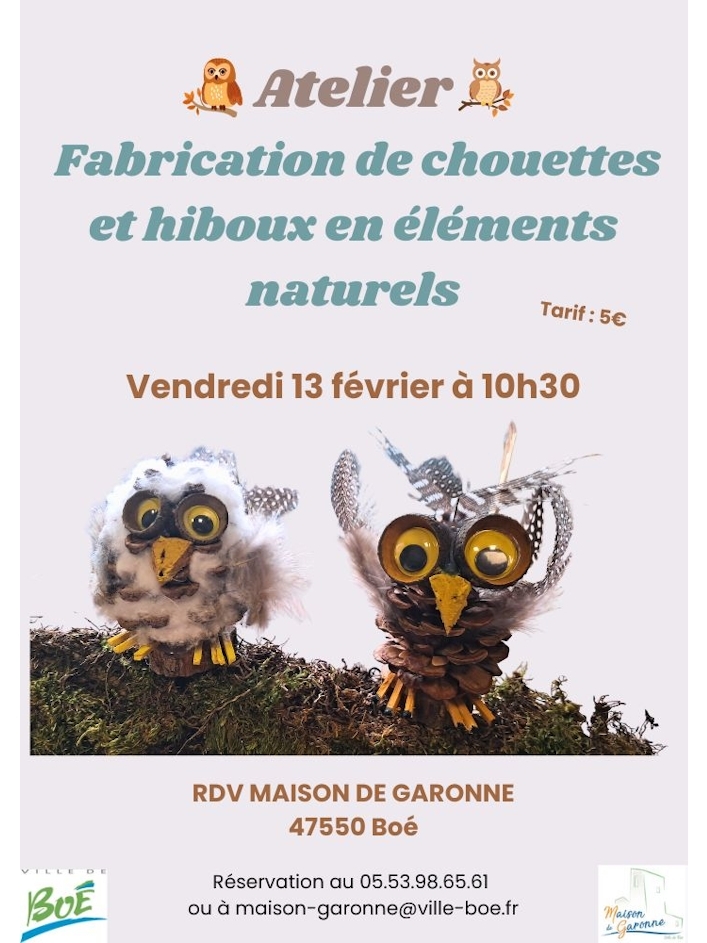 Atelier de fabrication de chouettes et hiboux en éléments naturels