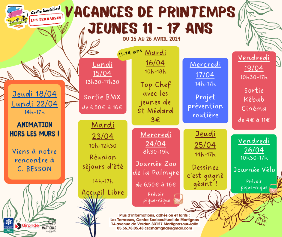VACANCES DE PRINTEMPS 2024 - JEUNES 11/17 ANS