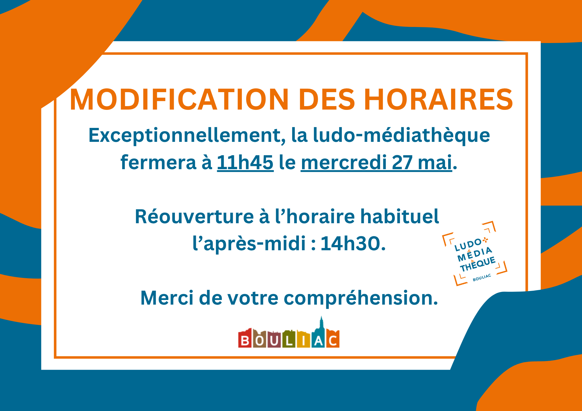 Ludo-Médiathèque : Modification des horaires le mercredi 27 mai