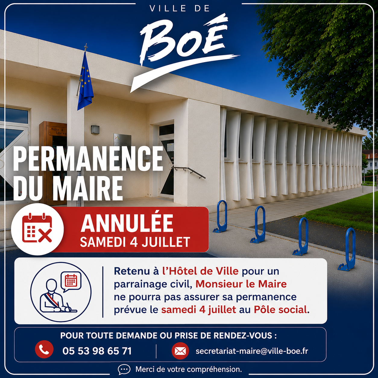 Permanence du maire annulée – samedi 4 juillet
