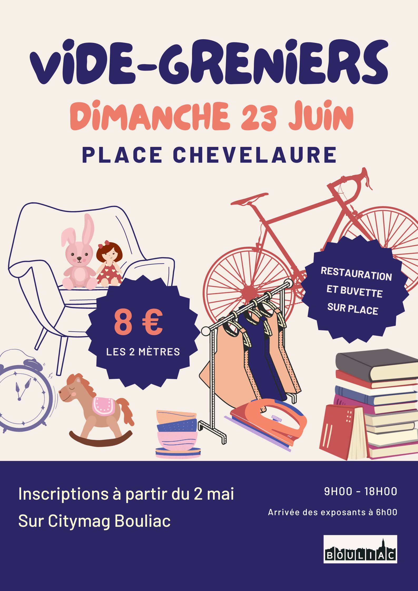 Vide-greniers dimanche 23 juin de 9h à 18h place Chevelaure