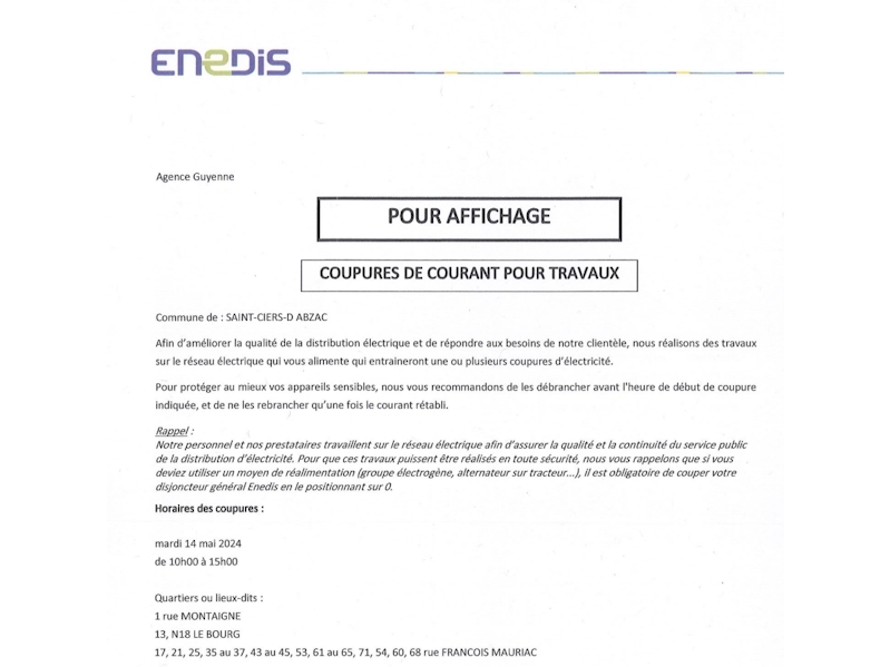 Coupure de courant sur la commune