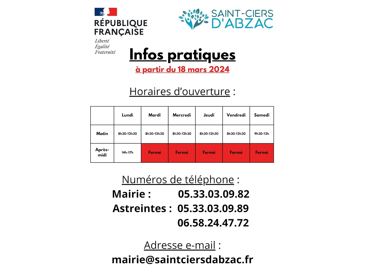Changement des horaires de la mairie et de la poste 