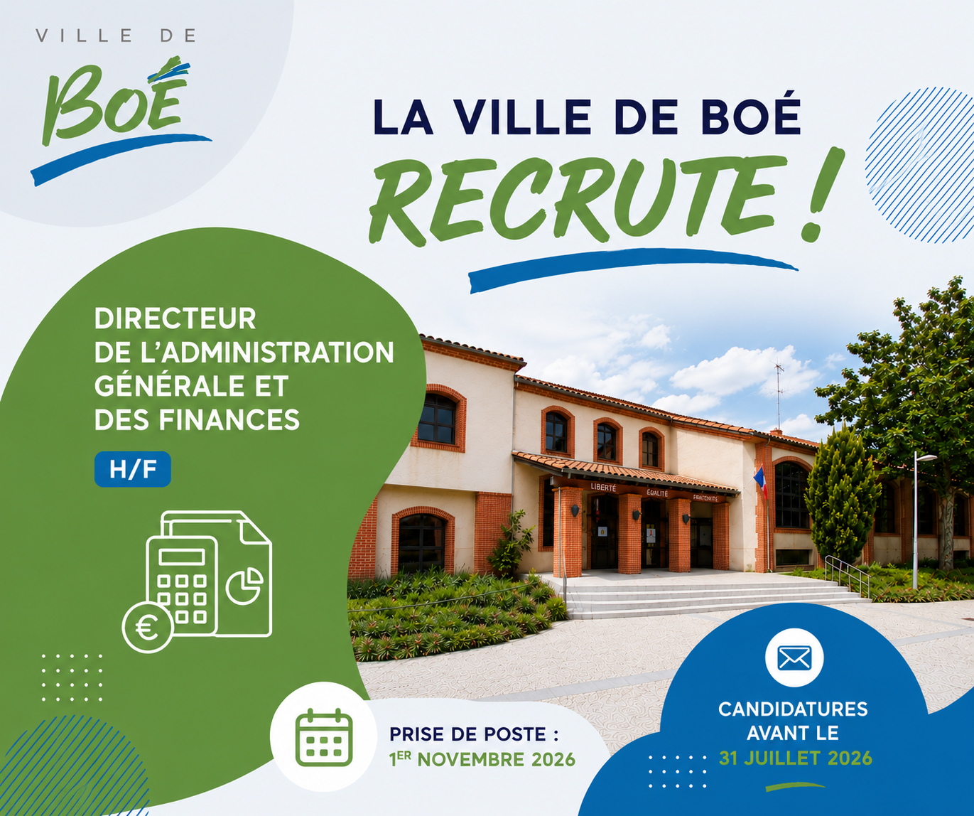 La Ville de Boé recrute son Directeur de l'administration générale et des finances (H/F)