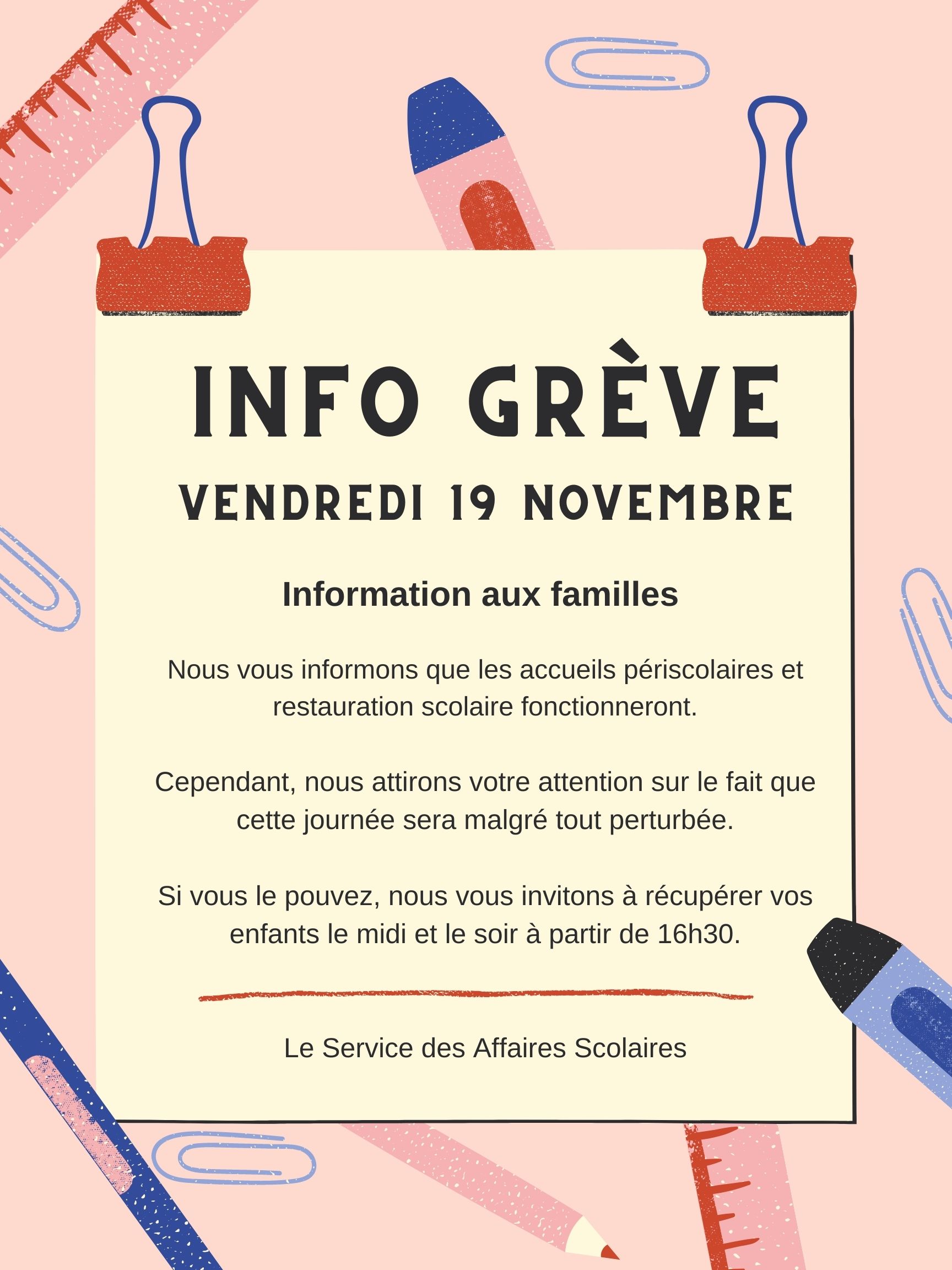 Mouvement de grève secteurs périscolaire et restauration scolaire.
