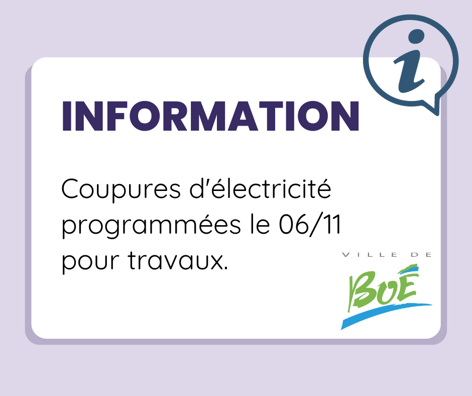 COUPURES D'ÉLECTRICITÉ PROGRAMMÉES LE 06/11 POUR TRAVAUX
