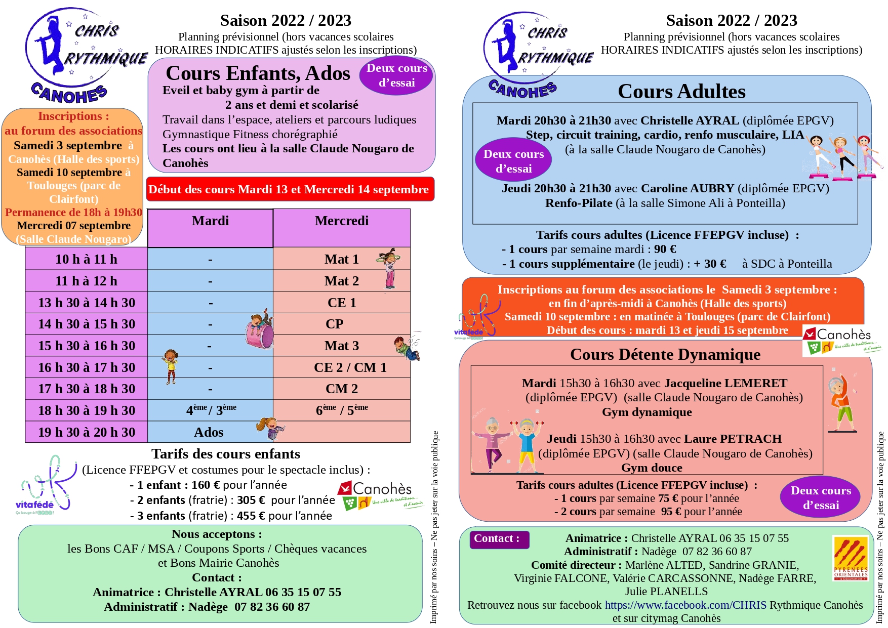Horaires des cours et inscriptions !!!