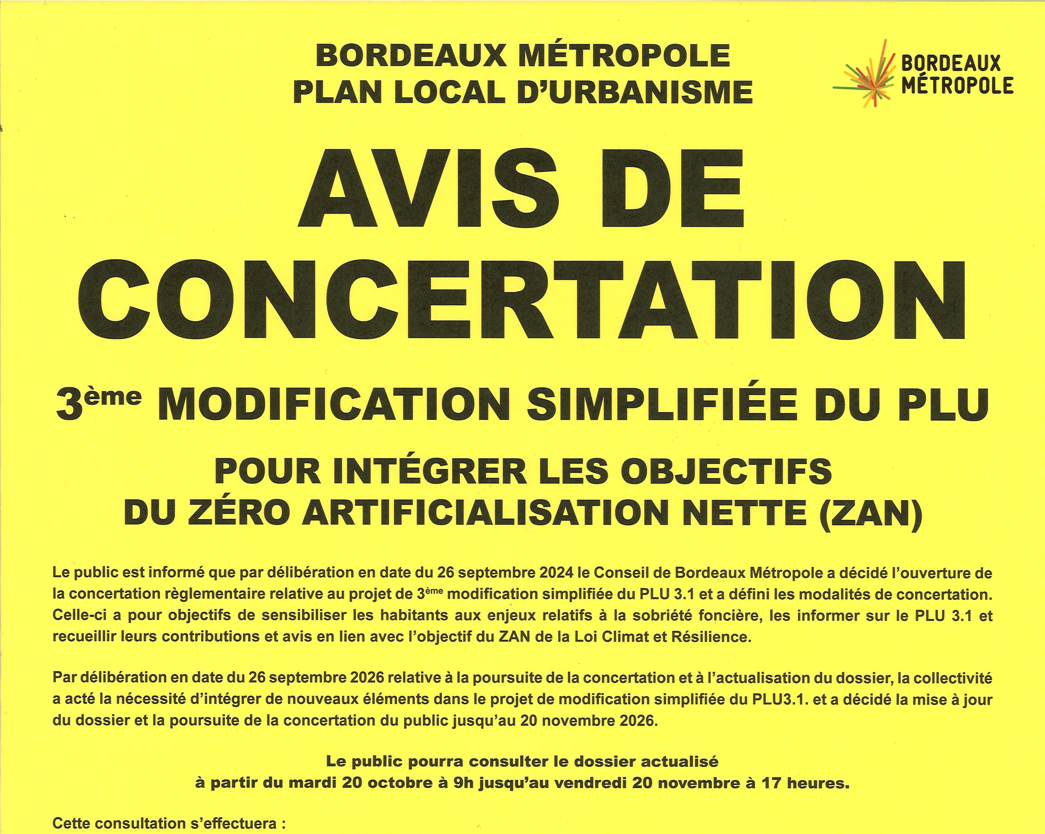 Avis de concertation - 3e modification simplifiée du PLU pour intégrer les objectifs du Zéro Artificialisation Nette (ZAN)