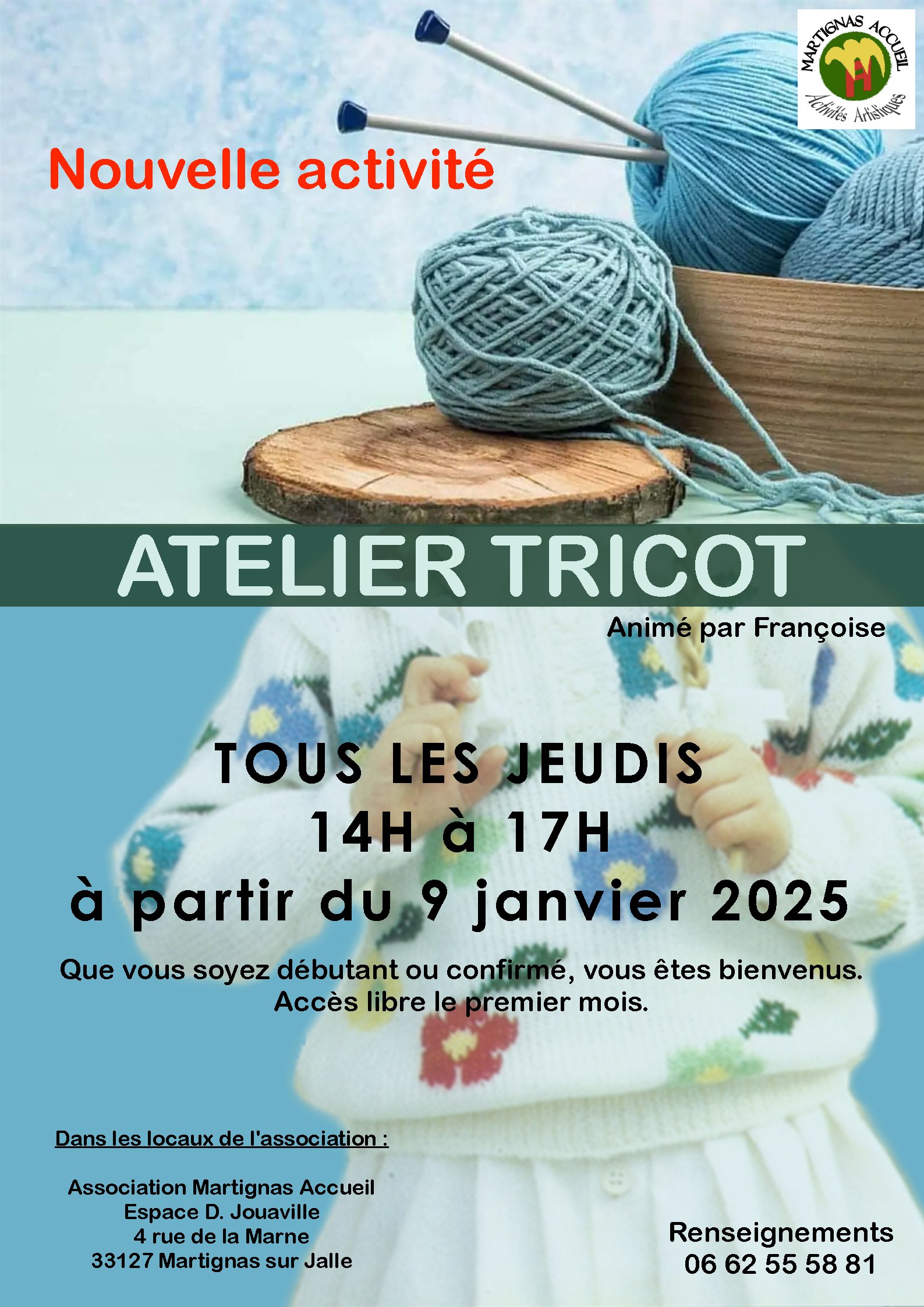Nouvel atelier dès le mois de janvier 2025 : Tricot tous niveaux.